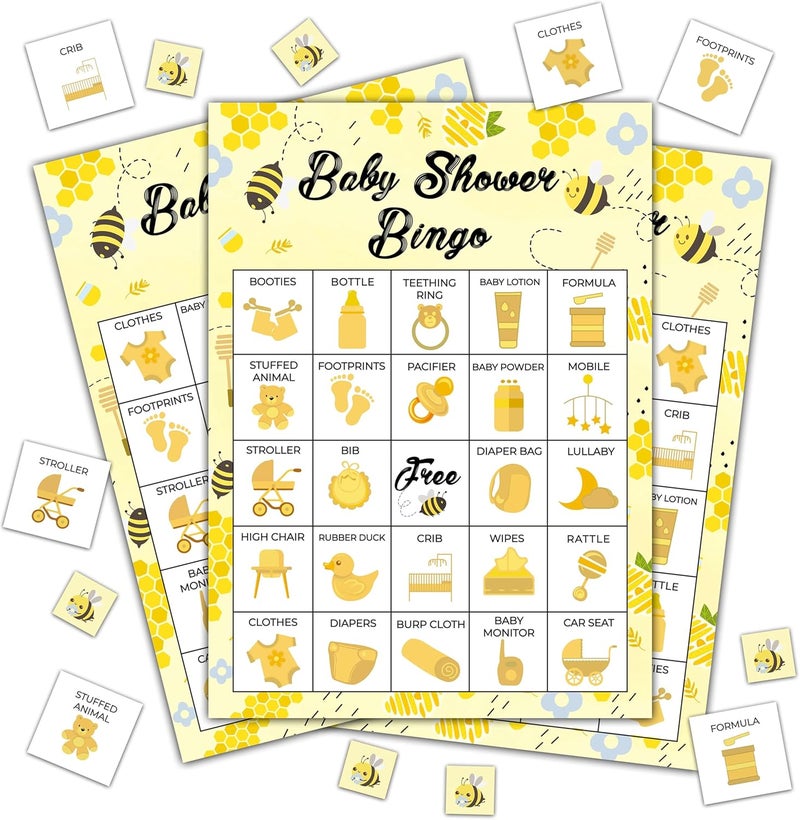 Disfuco Baby Shower Bingo - 24 Player Bee Themed Game for Adults and Gender Reveal Parties - Image 1